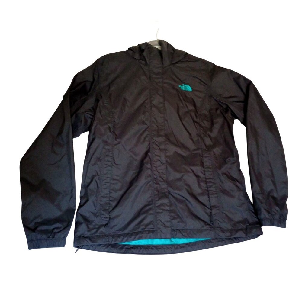 The North Face Resolve 2 Jacket Womens L Black Teal Hood Windbreaker Rain Jacket